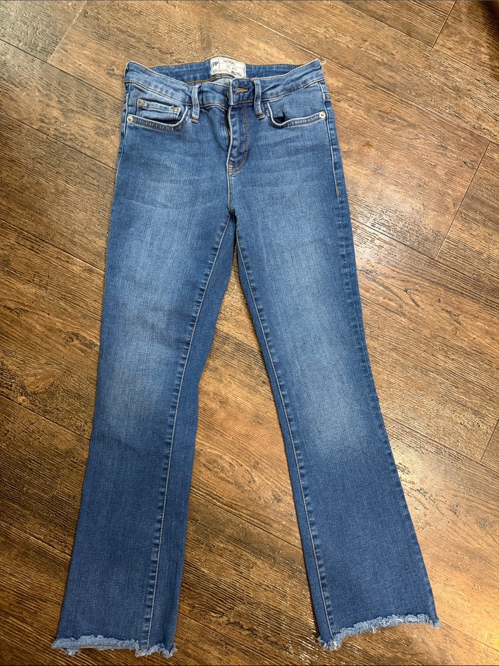 Free People Mid Blue Straight Leg Jeans with Raw Hem
